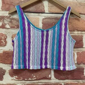Wild Fable Crop Top Womens XS Multicolor Striped Embroidered Crochet Sheer Shirt